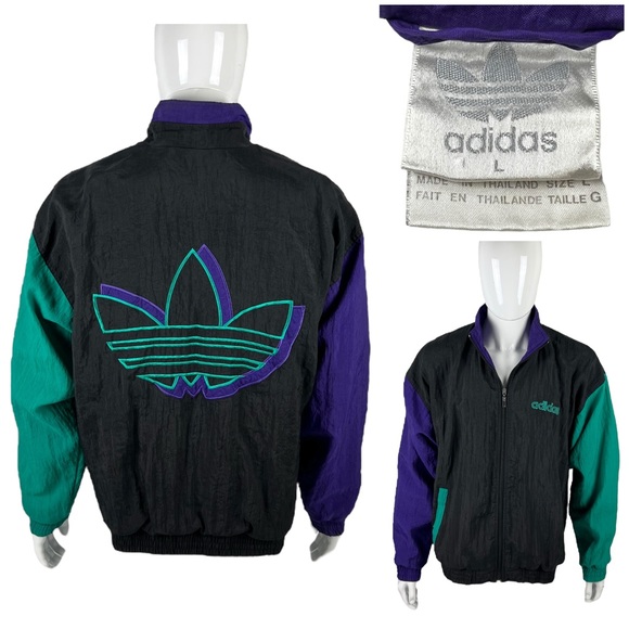 Adidas Mens Large Jacket Vintage Nylon Embroidered Big Logo Black